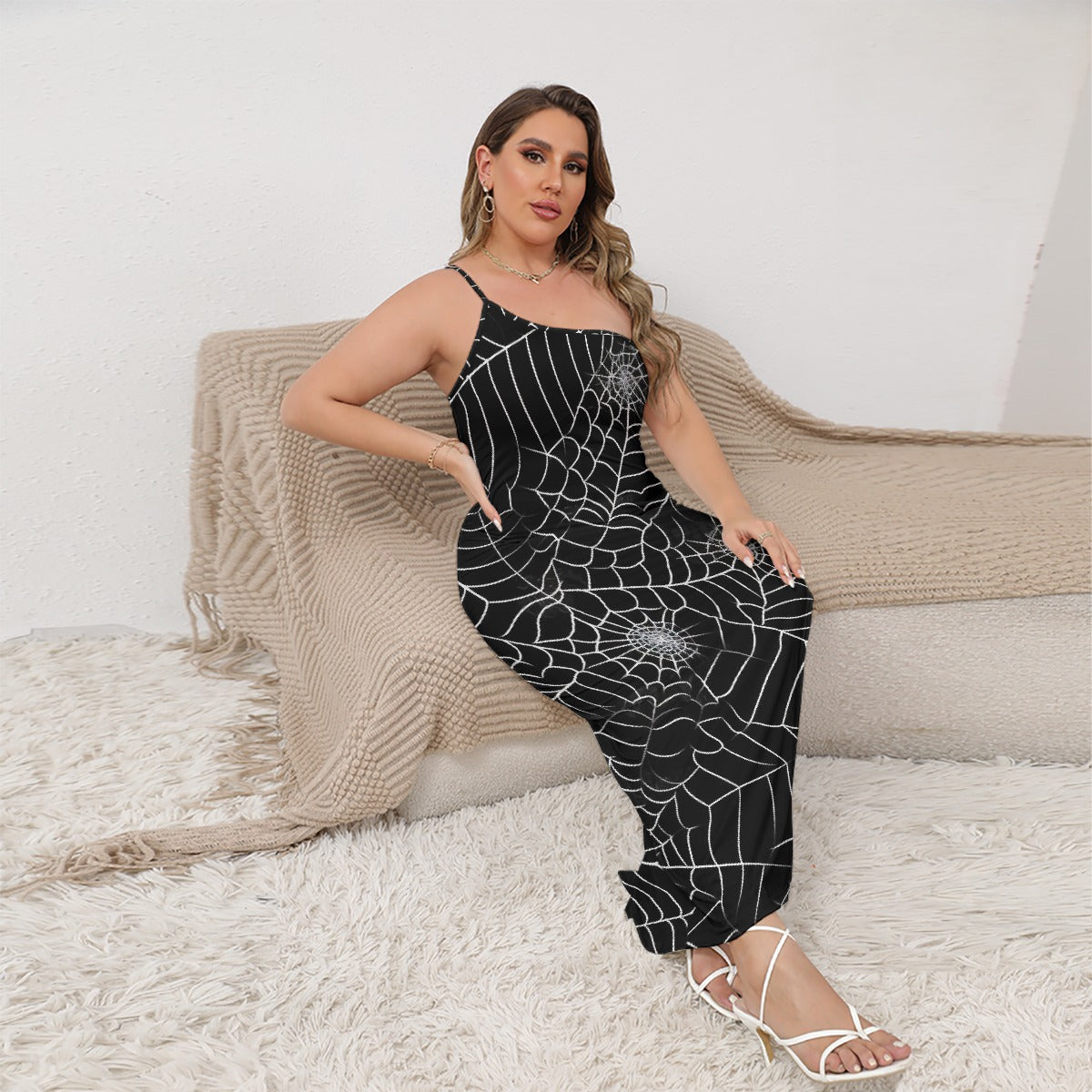 All-Over Print Women's Oblique-Shoulder Exposure Dress With Side Split (Plus Size)