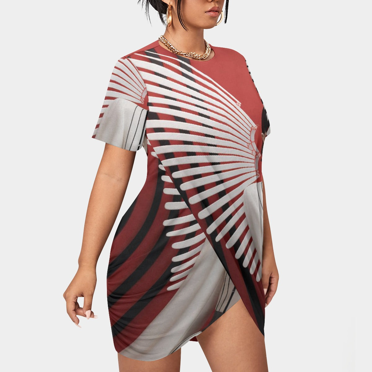 All-Over Print Women’s Stacked Hem Dress With Short Sleeve（Plus Size）