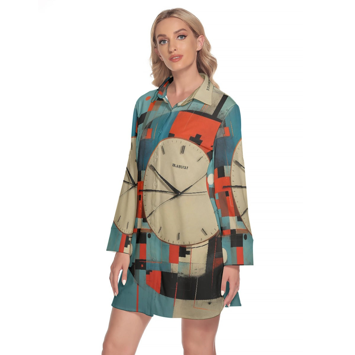 All-Over Print Women's Lapel Shirt Dress With Long Sleeve