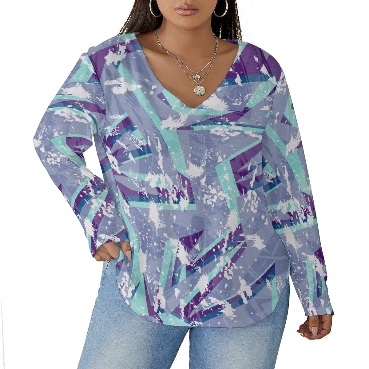 All-Over Print Women's V-neck T-shirt With Curved Hem(Plus Size)