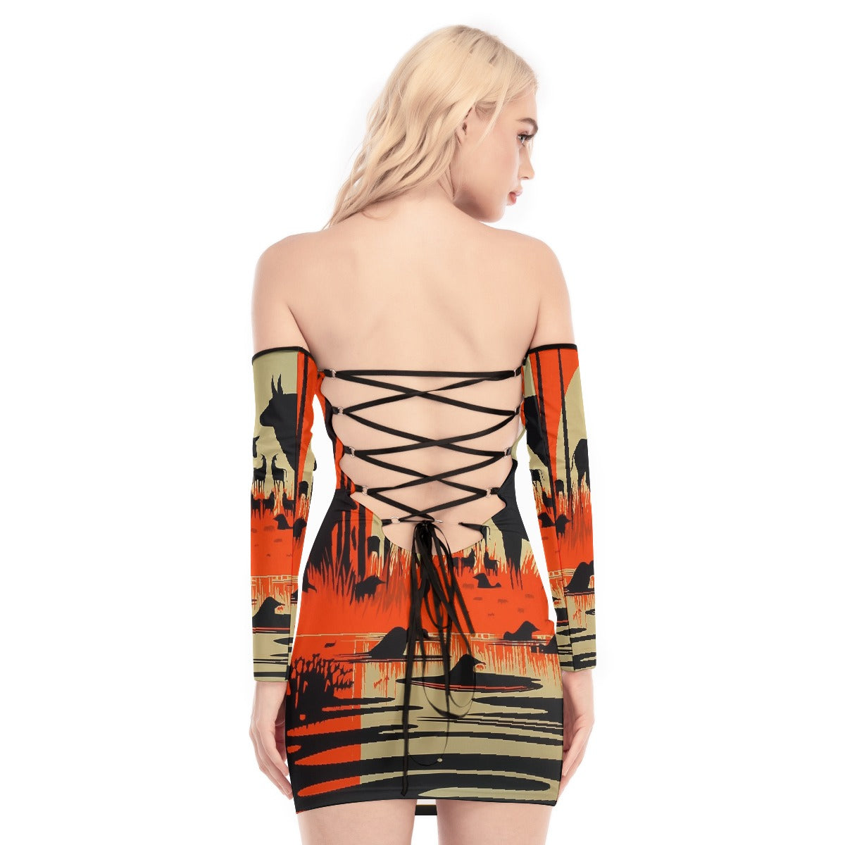 All-Over Print Women's Off-shoulder Back Lace-up Dress