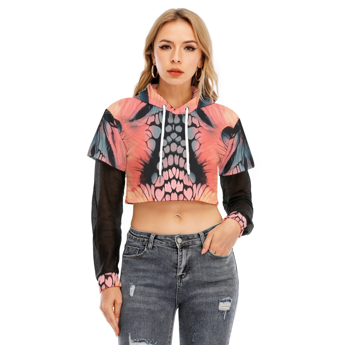 All-Over Print Women's Fake Two-piece Mesh Sleeve Cropped Hoodie