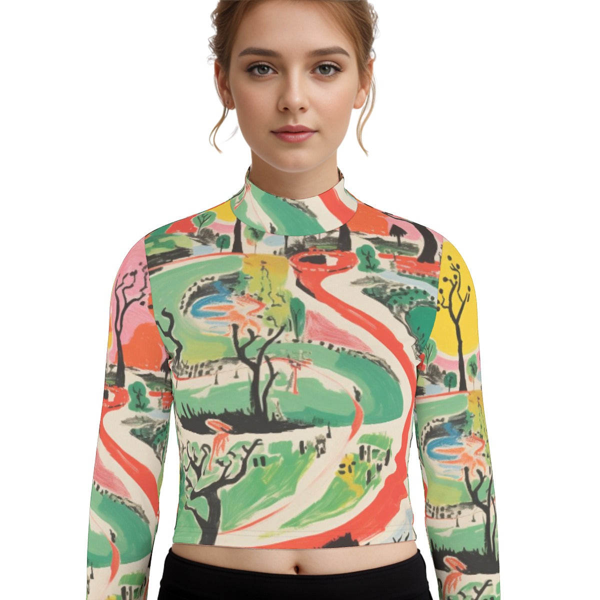 Eco-Friendly All-Over Print Women's Turtleneck T-shirt With Long Sleeve