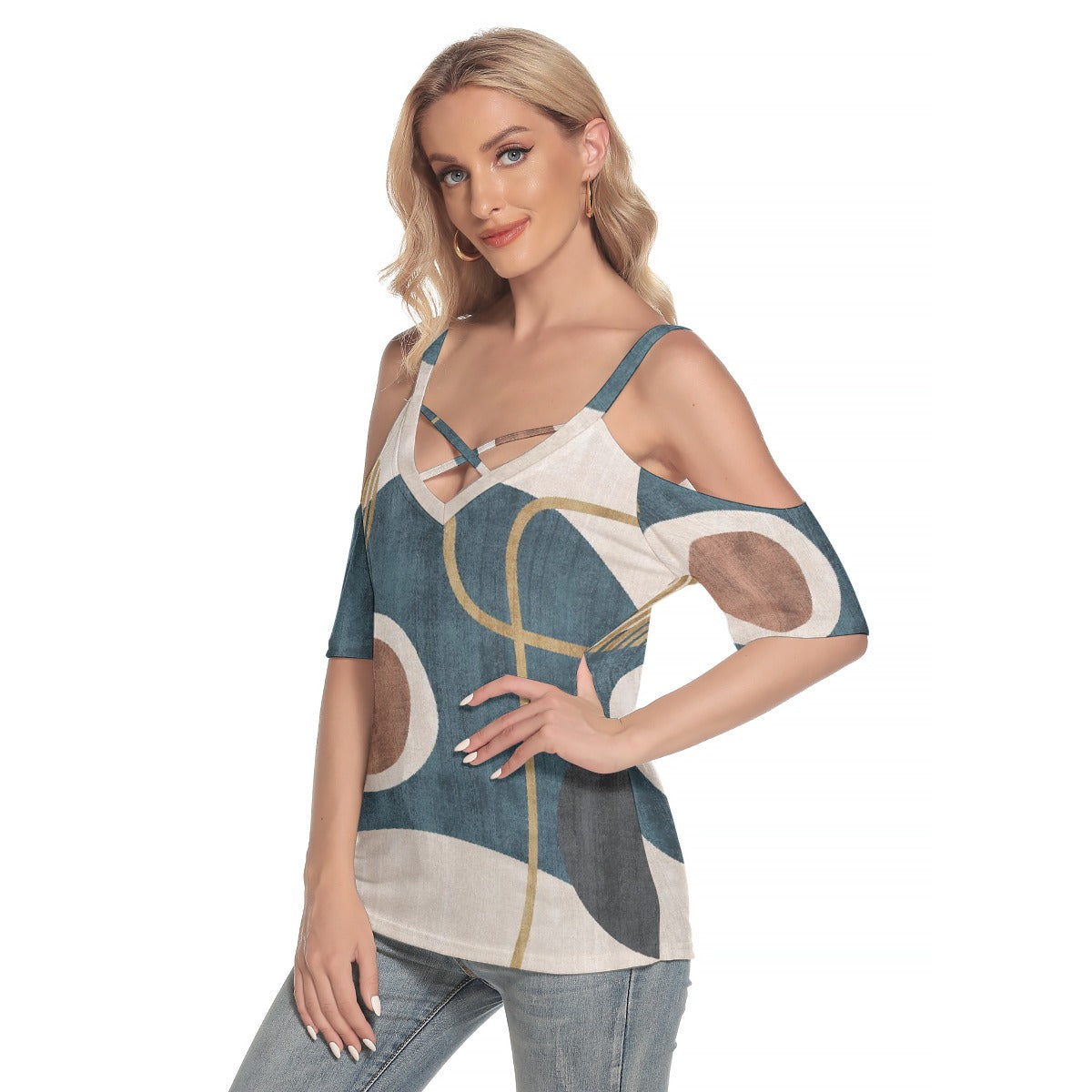 All-Over Print Women's Cold Shoulder T-shirt With Criss Cross Strips