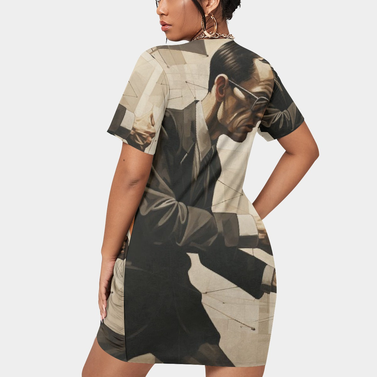 All-Over Print Women’s Stacked Hem Dress With Short Sleeve（Plus Size）