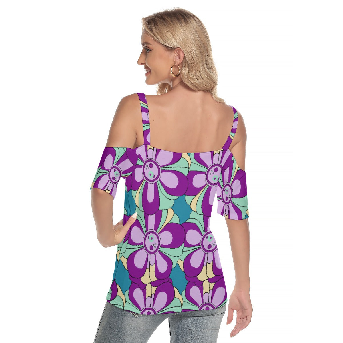 All-Over Print Women's Cold Shoulder T-shirt With Criss Cross Strips