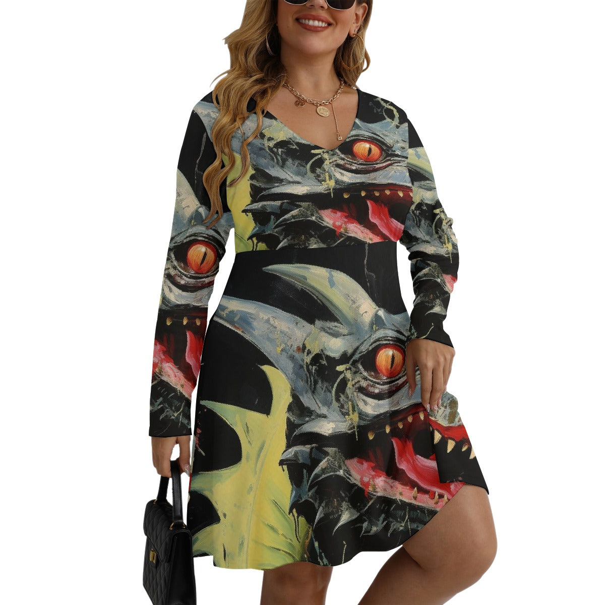 All-Over Print Women's V-neck Long Sleeve Dress(Plus Size)