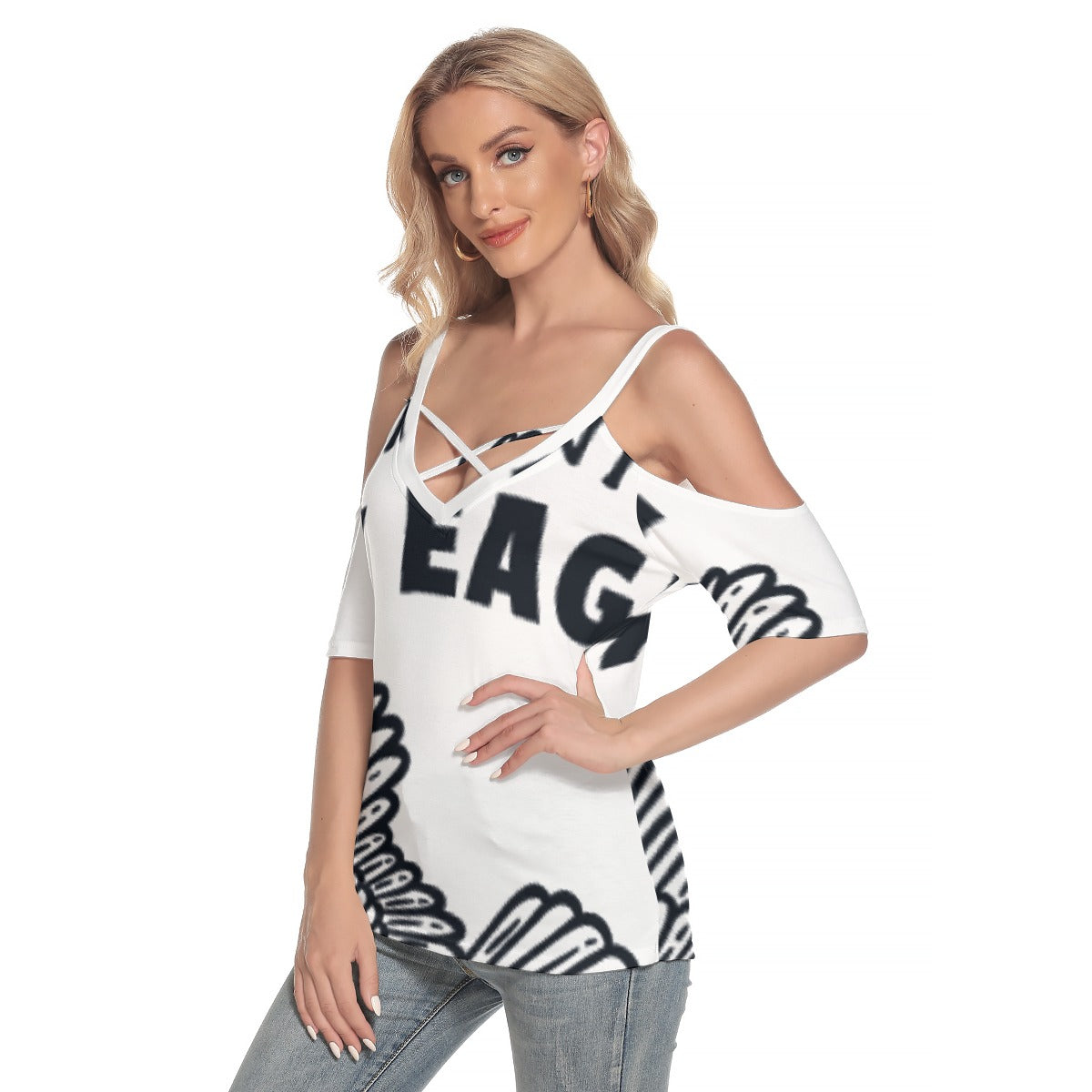 All-Over Print Women's Cold Shoulder T-shirt With Criss Cross Strips