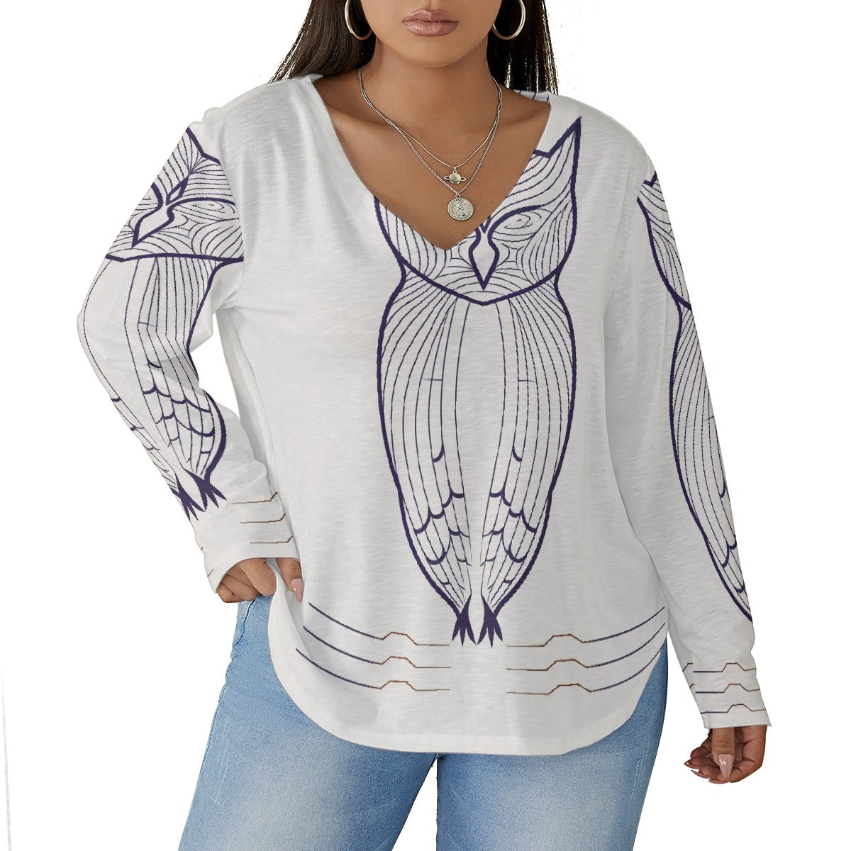 All-Over Print Women's V-neck T-shirt With Curved Hem(Plus Size)