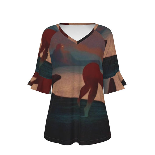 All-Over Print V-neck Women's T-shirt With Bell Sleeve