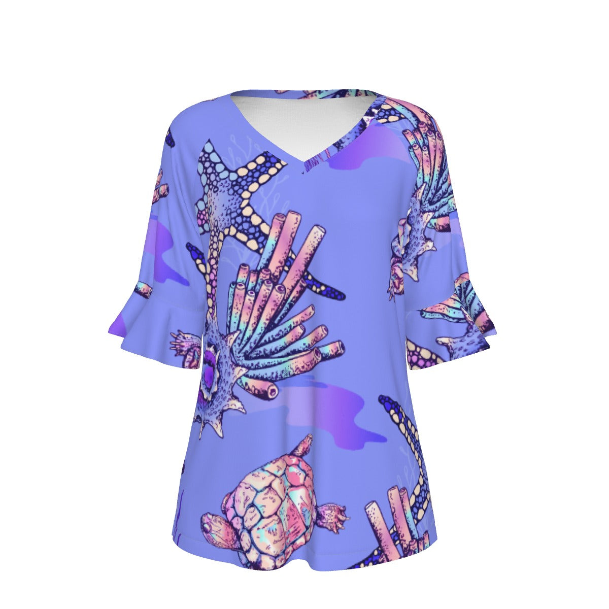 All-Over Print V-neck Women's T-shirt With Bell Sleeve