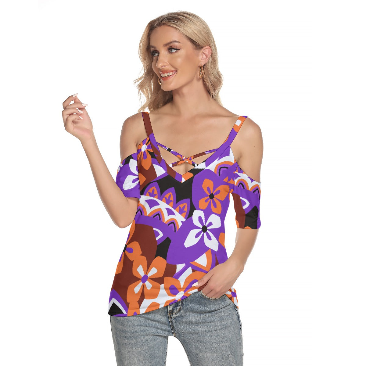 All-Over Print Women's Cold Shoulder T-shirt With Criss Cross Strips