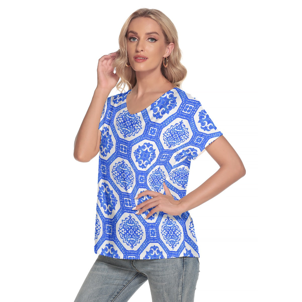 All-Over Print Women's Loose V-neck Short Sleeve T-shirt