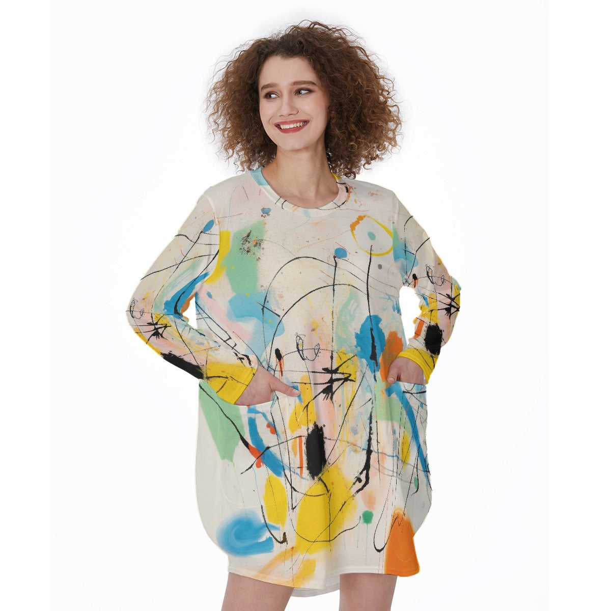 All-Over Print Women's Casual Loose Long Sleeve Dress With Pocket