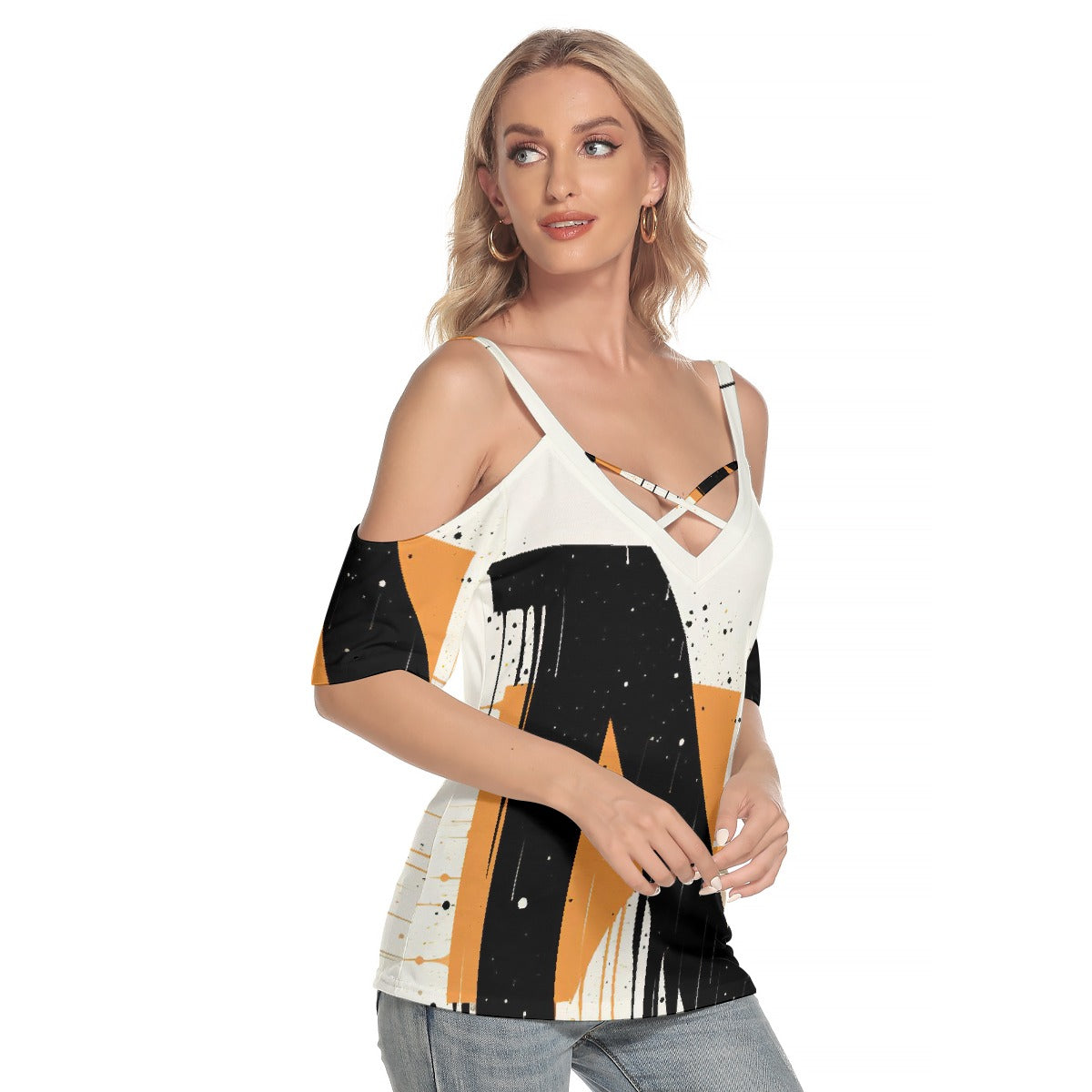 All-Over Print Women's Cold Shoulder T-shirt With Criss Cross Strips