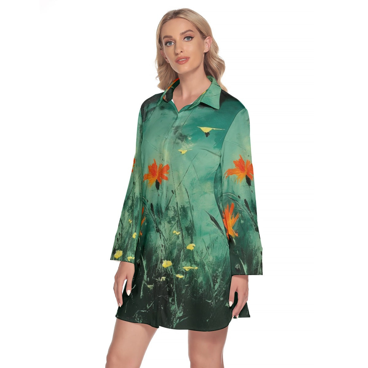 All-Over Print Women's Lapel Shirt Dress With Long Sleeve