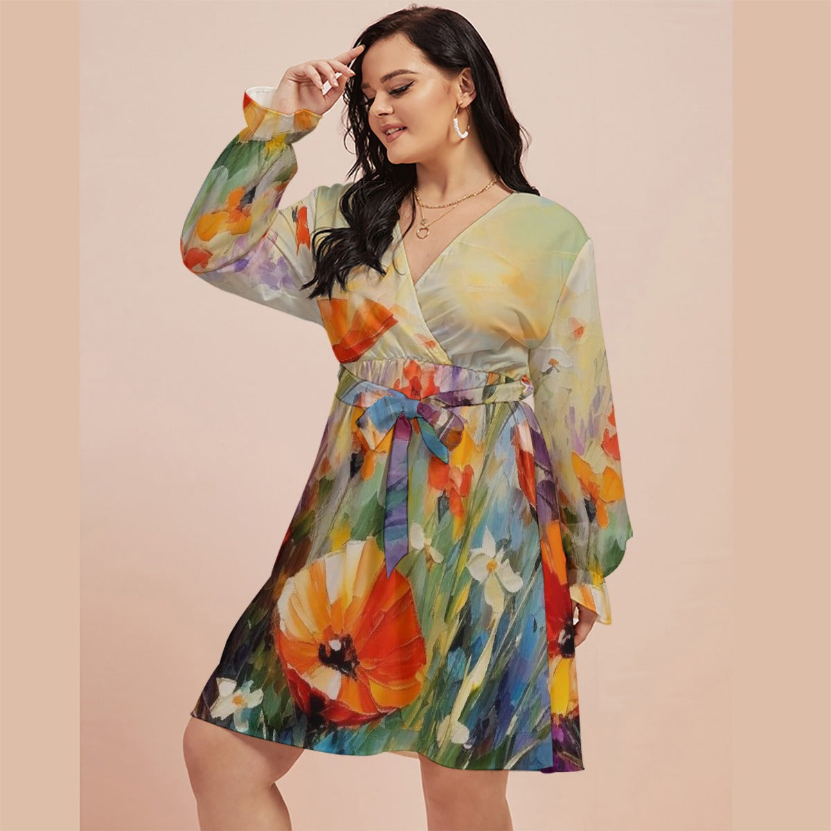 All-Over Print Women's V-neck Dress With Waistband(Plus Size)