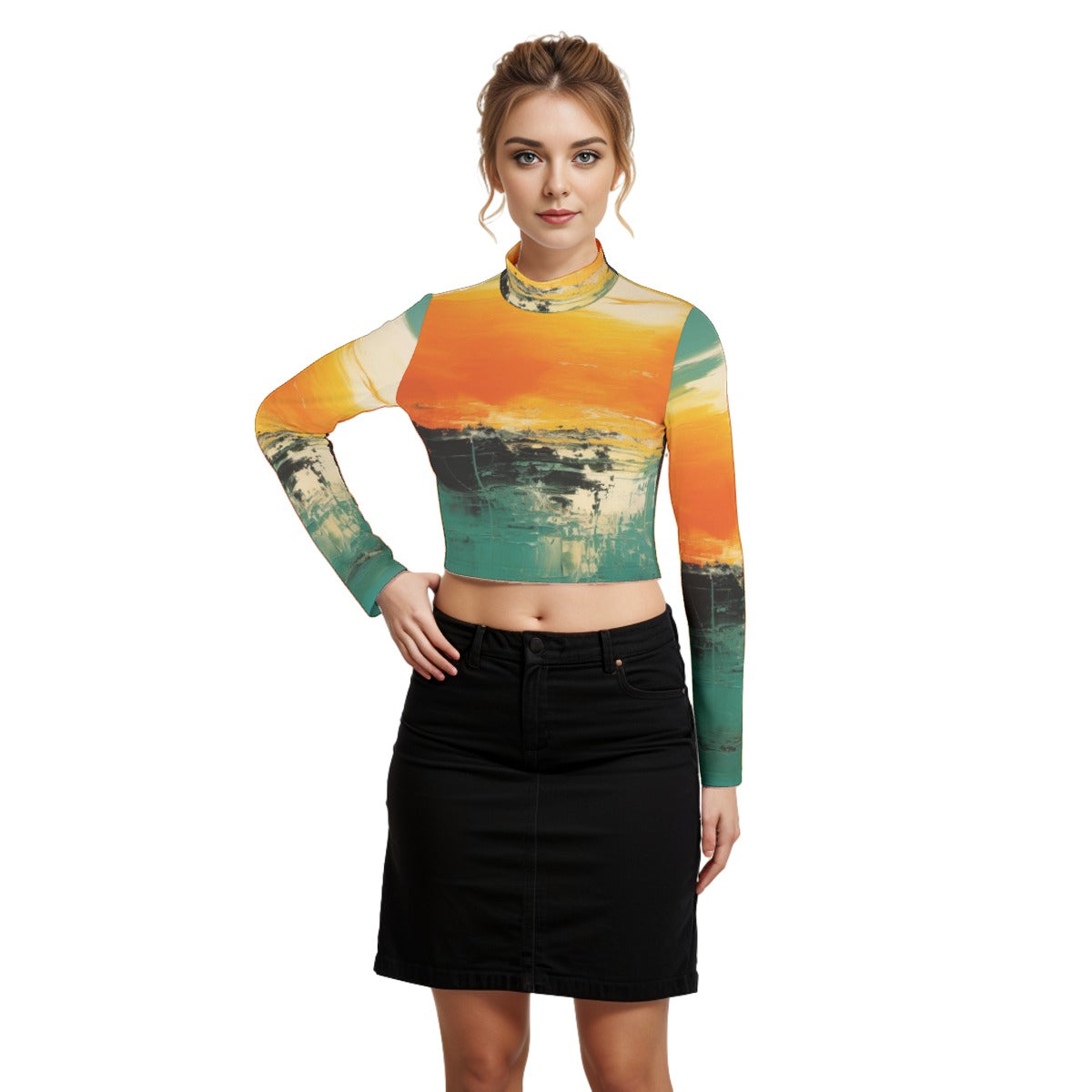 Eco-Friendly All-Over Print Women's Turtleneck T-shirt With Long Sleeve