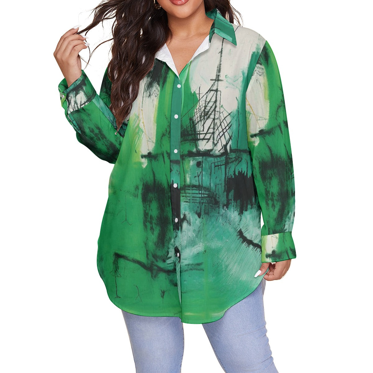 All-Over Print Women's Shirt With Long Sleeve(Plus Size)