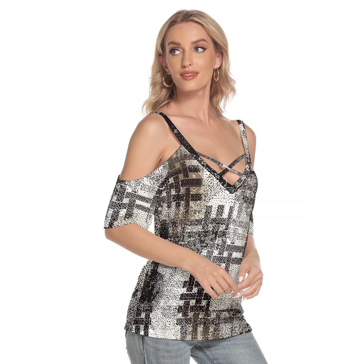 All-Over Print Women's Cold Shoulder T-shirt With Criss Cross Strips