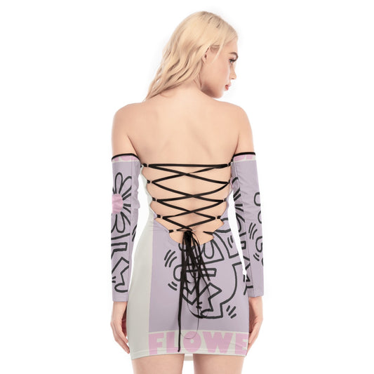 All-Over Print Women's Off-shoulder Back Lace-up Dress