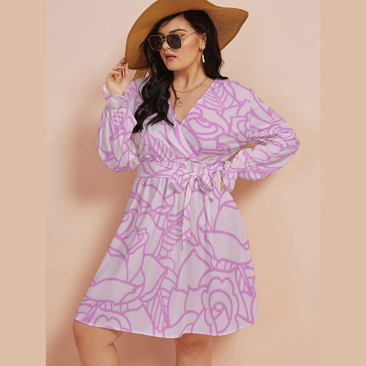 All-Over Print Women's V-neck Dress With Waistband(Plus Size)