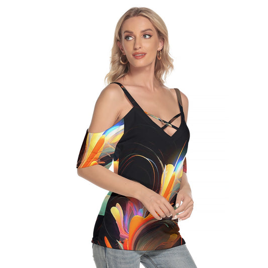 All-Over Print Women's Cold Shoulder T-shirt With Criss Cross Strips