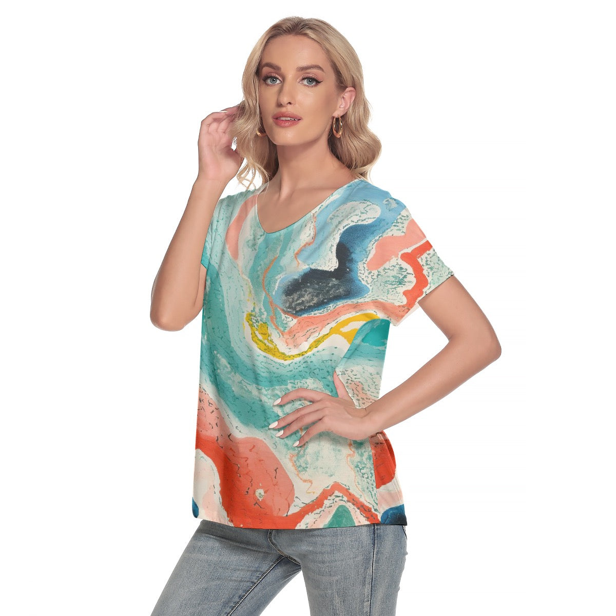 All-Over Print Women's Loose V-neck Short Sleeve T-shirt