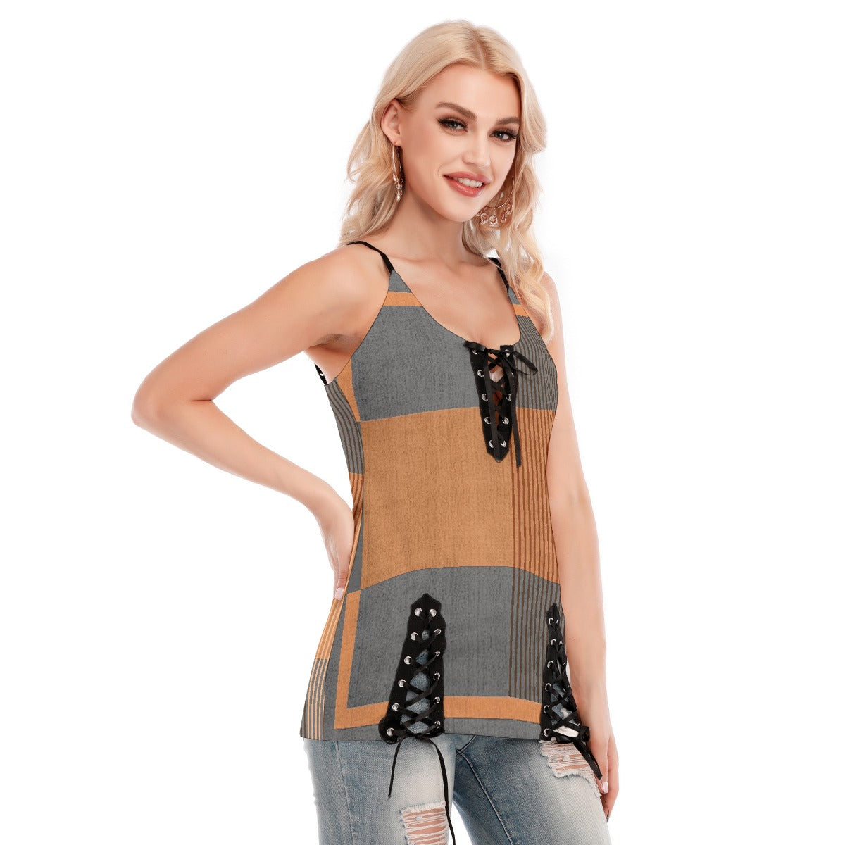 All-Over Print Women's V-neck Eyelet Lace-up Cami Dress