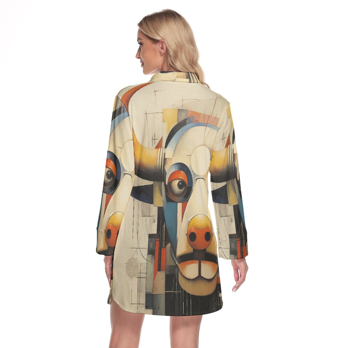 All-Over Print Women's Lapel Shirt Dress With Long Sleeve