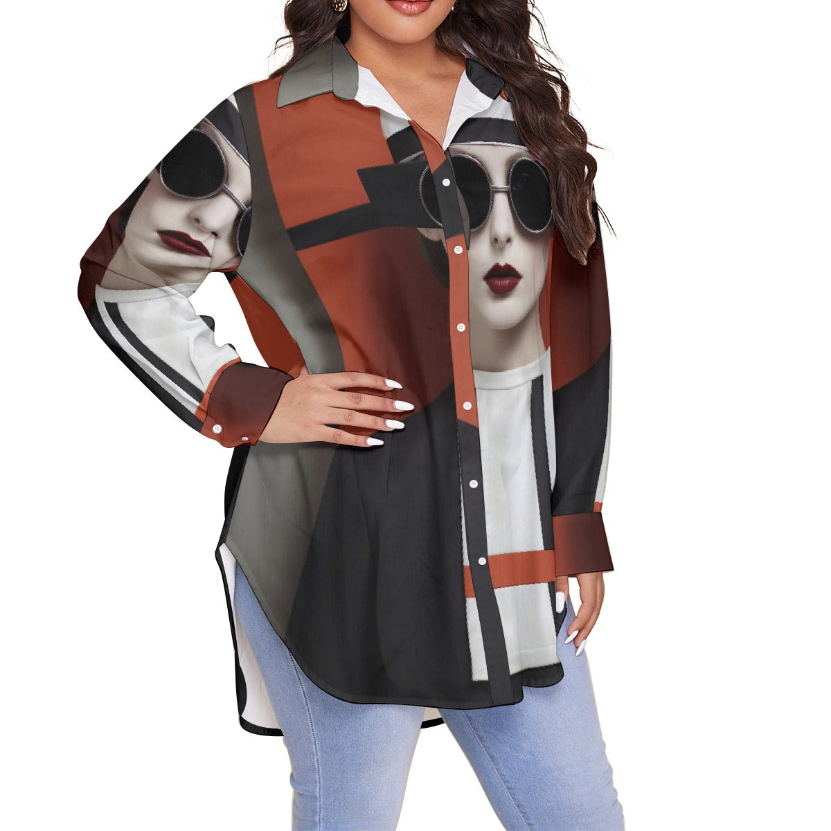 All-Over Print Women's Shirt With Long Sleeve(Plus Size)