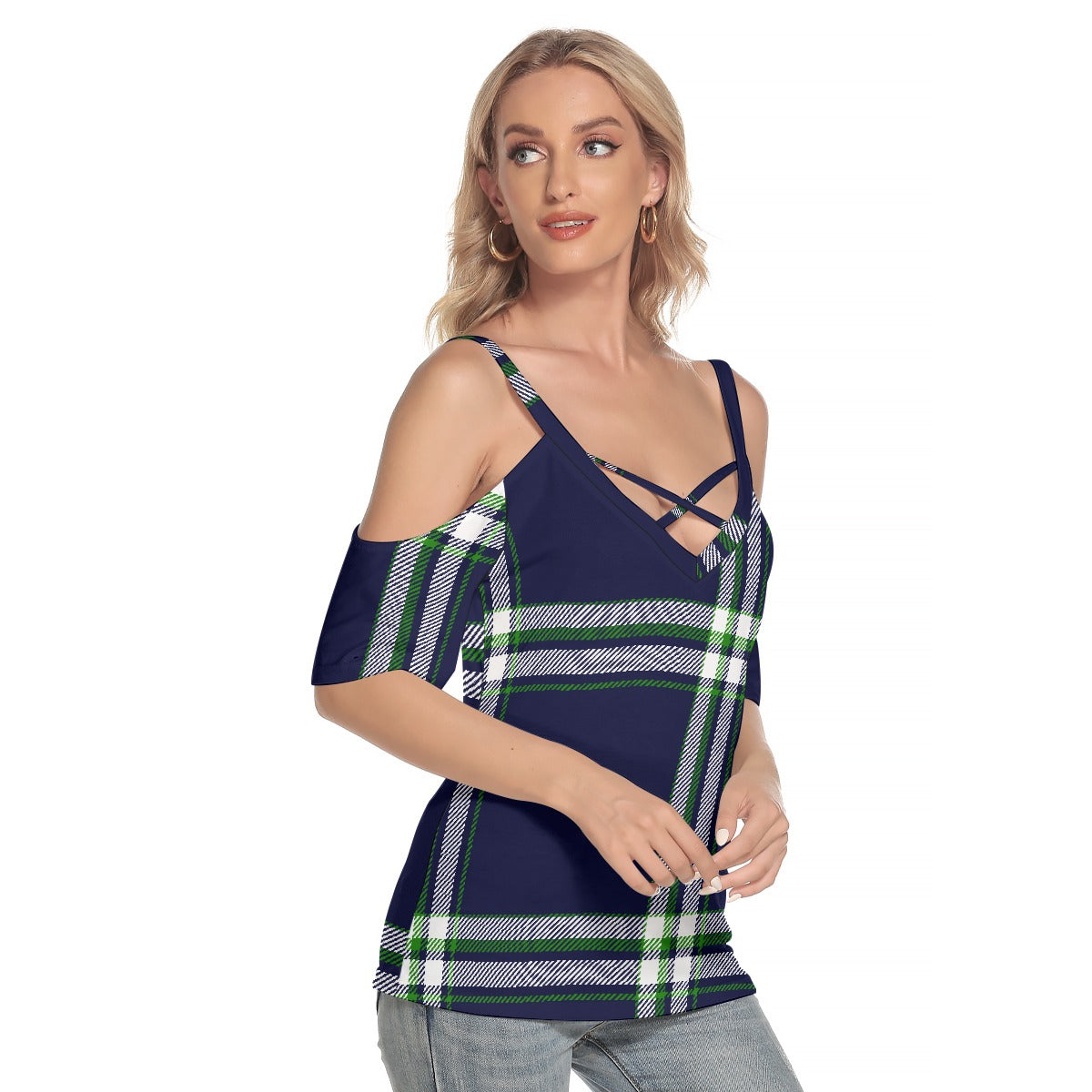 All-Over Print Women's Cold Shoulder T-shirt With Criss Cross Strips