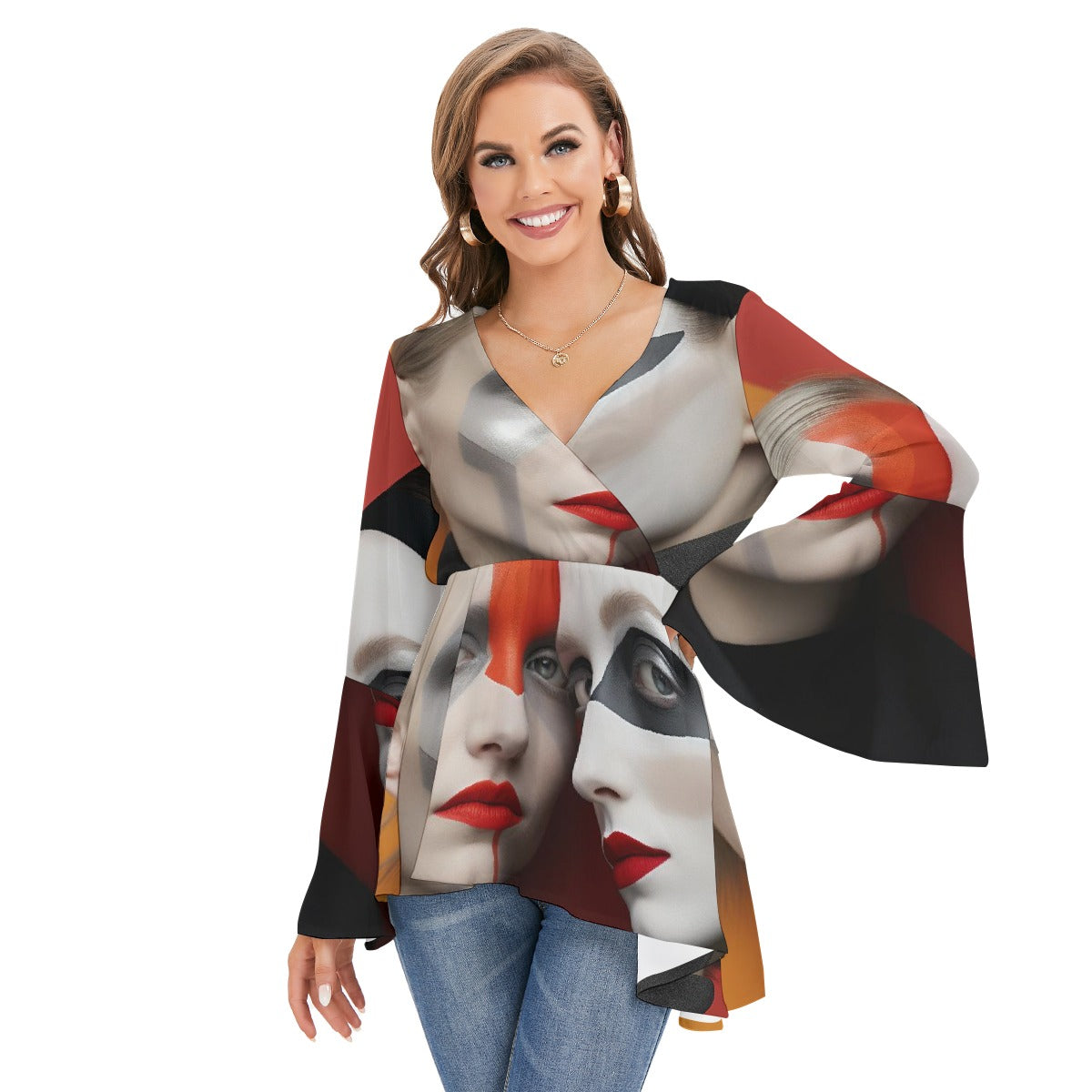 All-Over Print Women's V-neck Blouse With Flared Sleeves