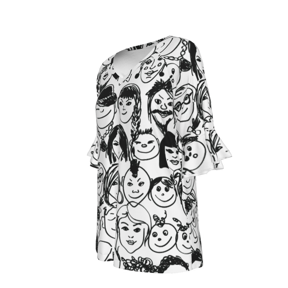 All-Over Print V-neck Women's T-shirt With Bell Sleeve