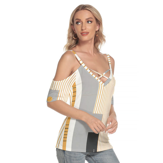 All-Over Print Women's Cold Shoulder T-shirt With Criss Cross Strips