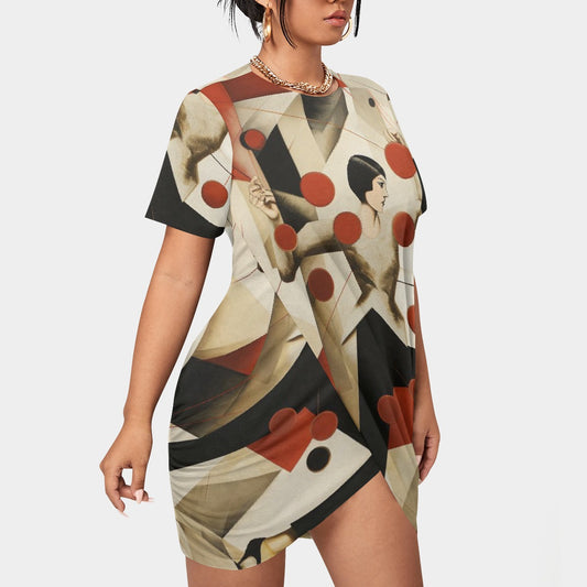 All-Over Print Women’s Stacked Hem Dress With Short Sleeve（Plus Size）