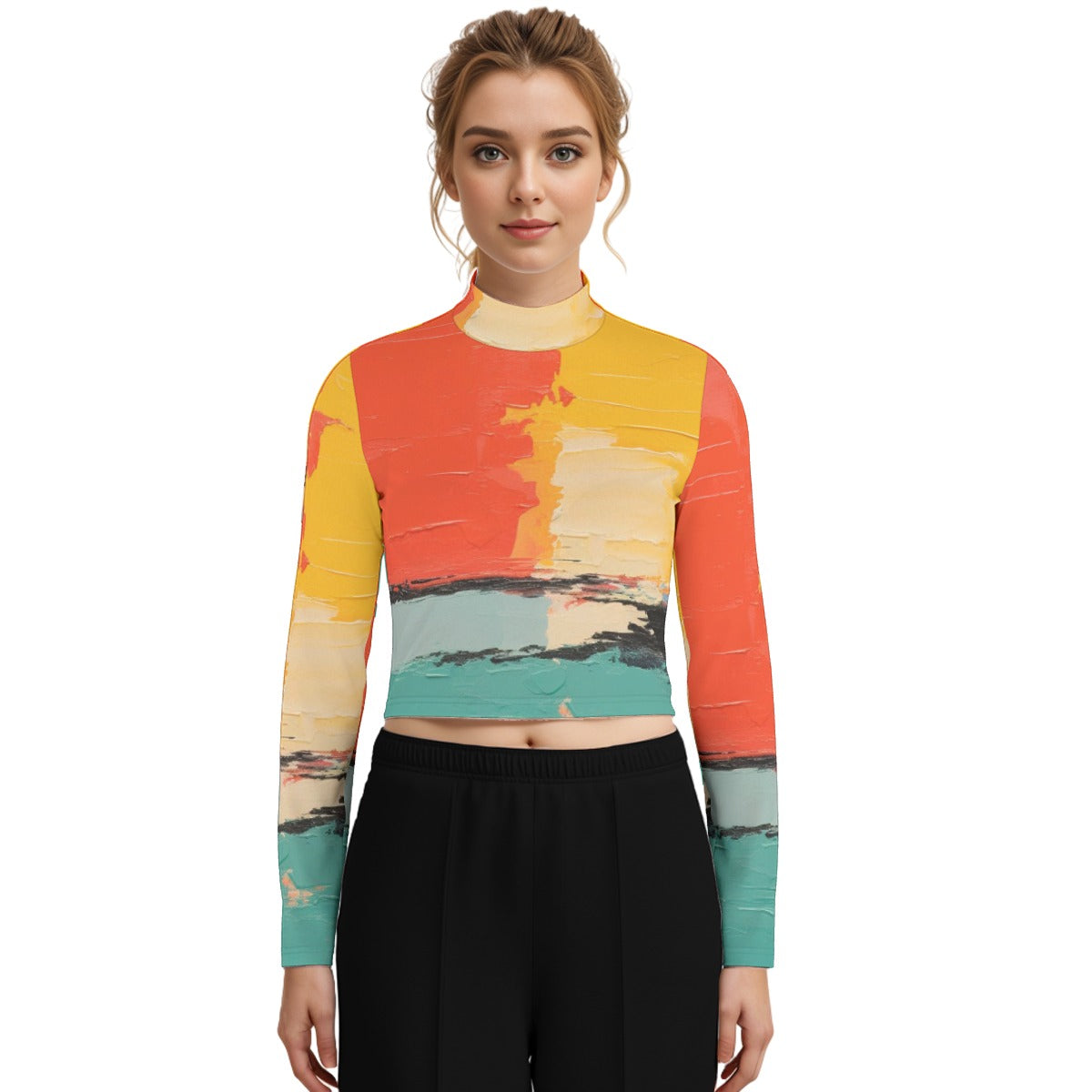 Eco-Friendly All-Over Print Women's Turtleneck T-shirt With Long Sleeve