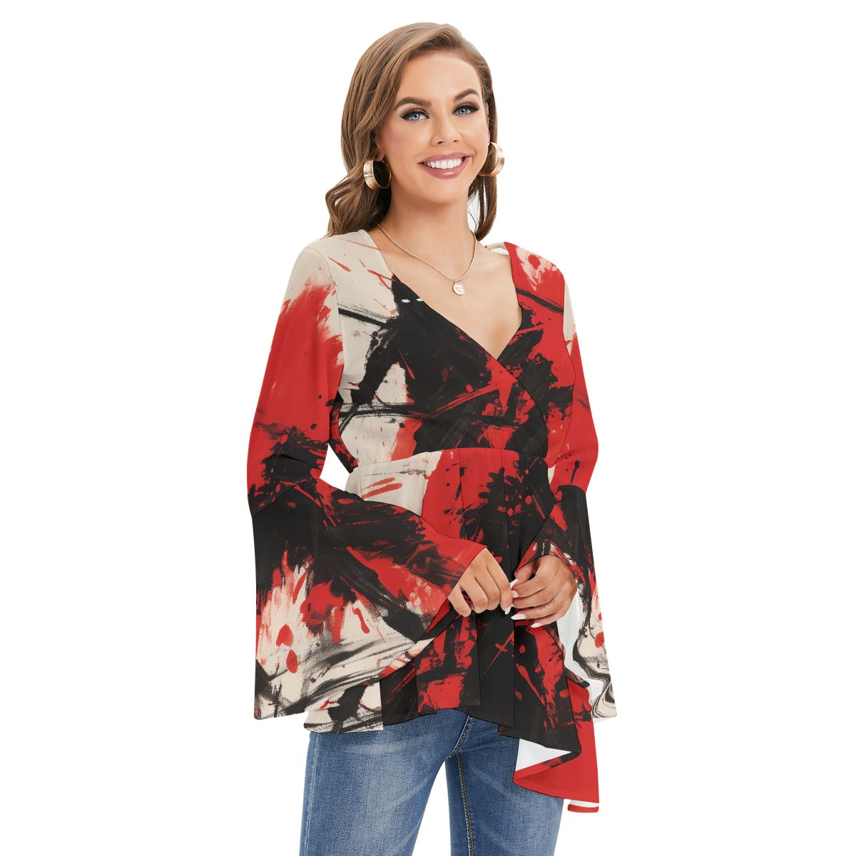 All-Over Print Women's V-neck Blouse With Flared Sleeves