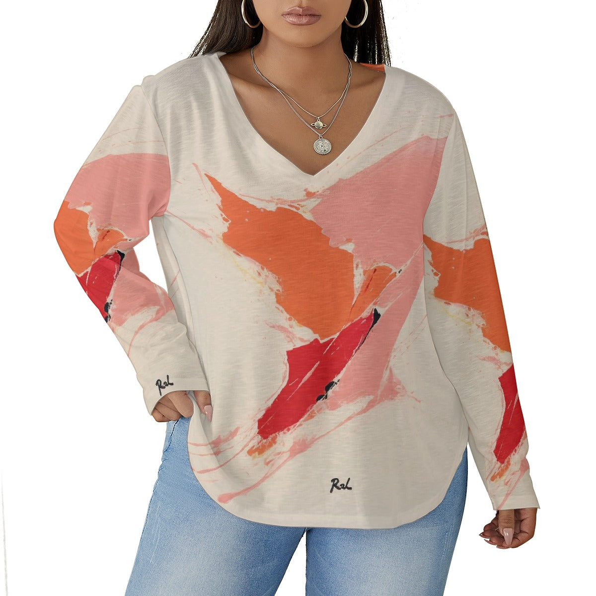 All-Over Print Women's V-neck T-shirt With Curved Hem(Plus Size)