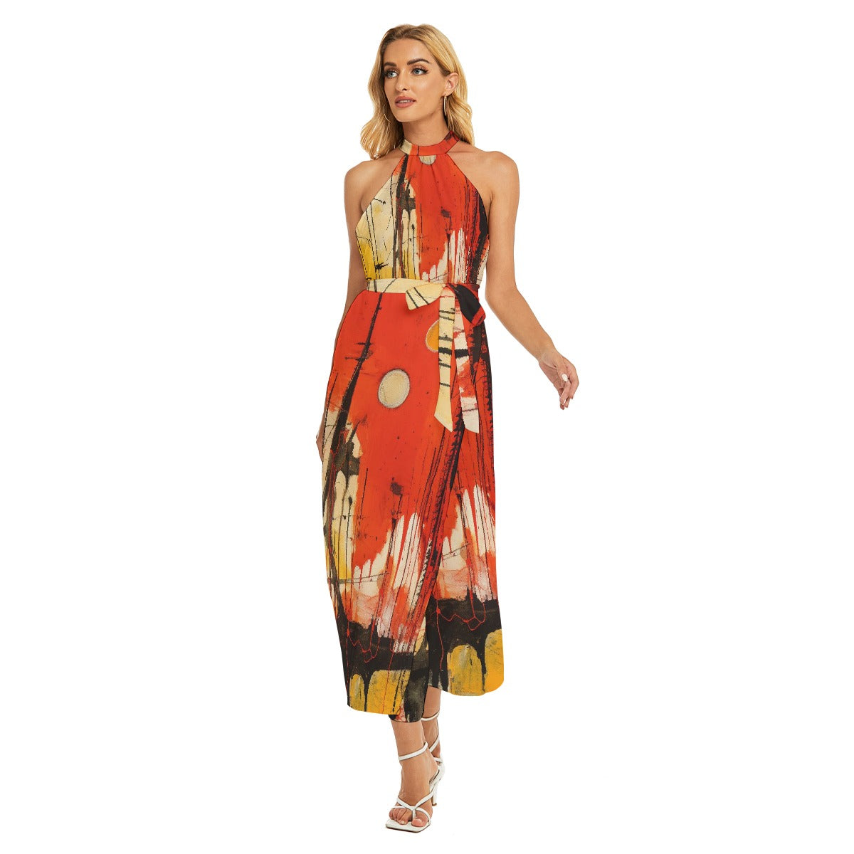 All-Over Print Women's Wrap Hem Belted Halter Dress