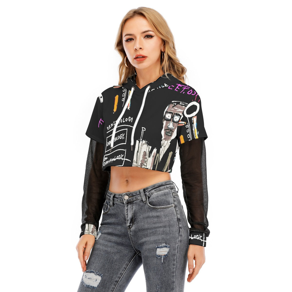 All-Over Print Women's Fake Two-piece Mesh Sleeve Cropped Hoodie