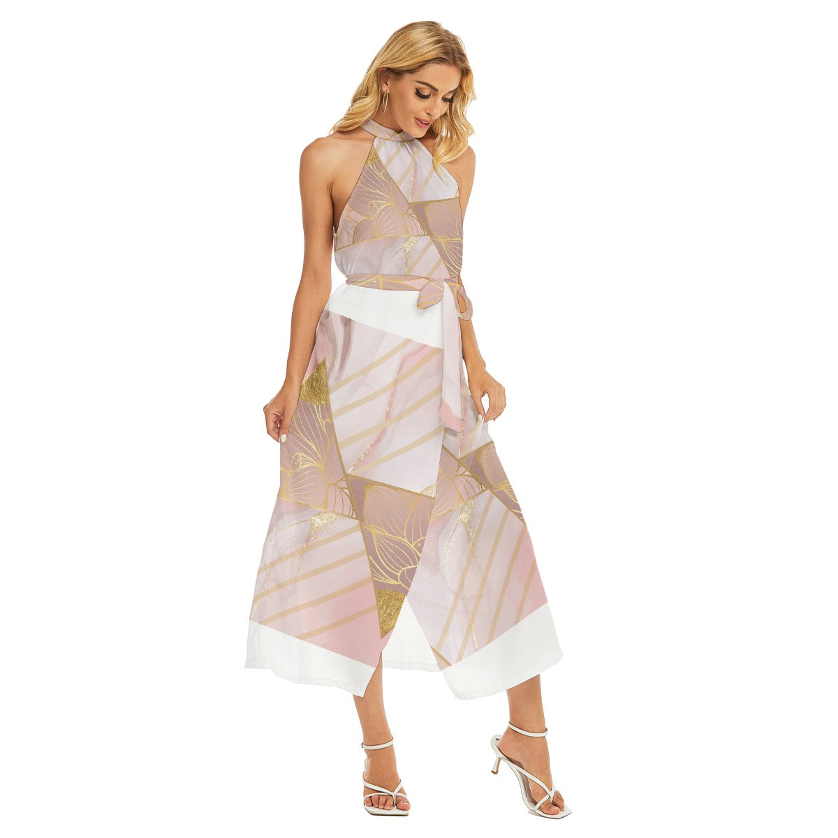 All-Over Print Women's Wrap Hem Belted Halter Dress