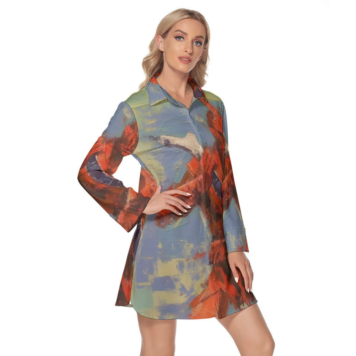 All-Over Print Women's Lapel Shirt Dress With Long Sleeve