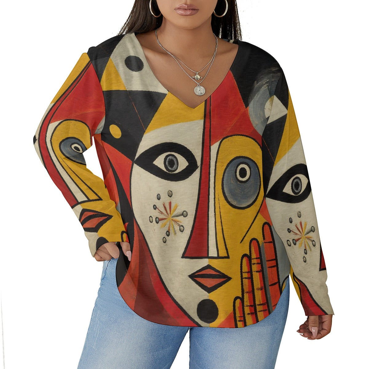 All-Over Print Women's V-neck T-shirt With Curved Hem(Plus Size)