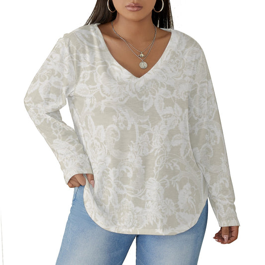 All-Over Print Women's V-neck T-shirt With Curved Hem(Plus Size)