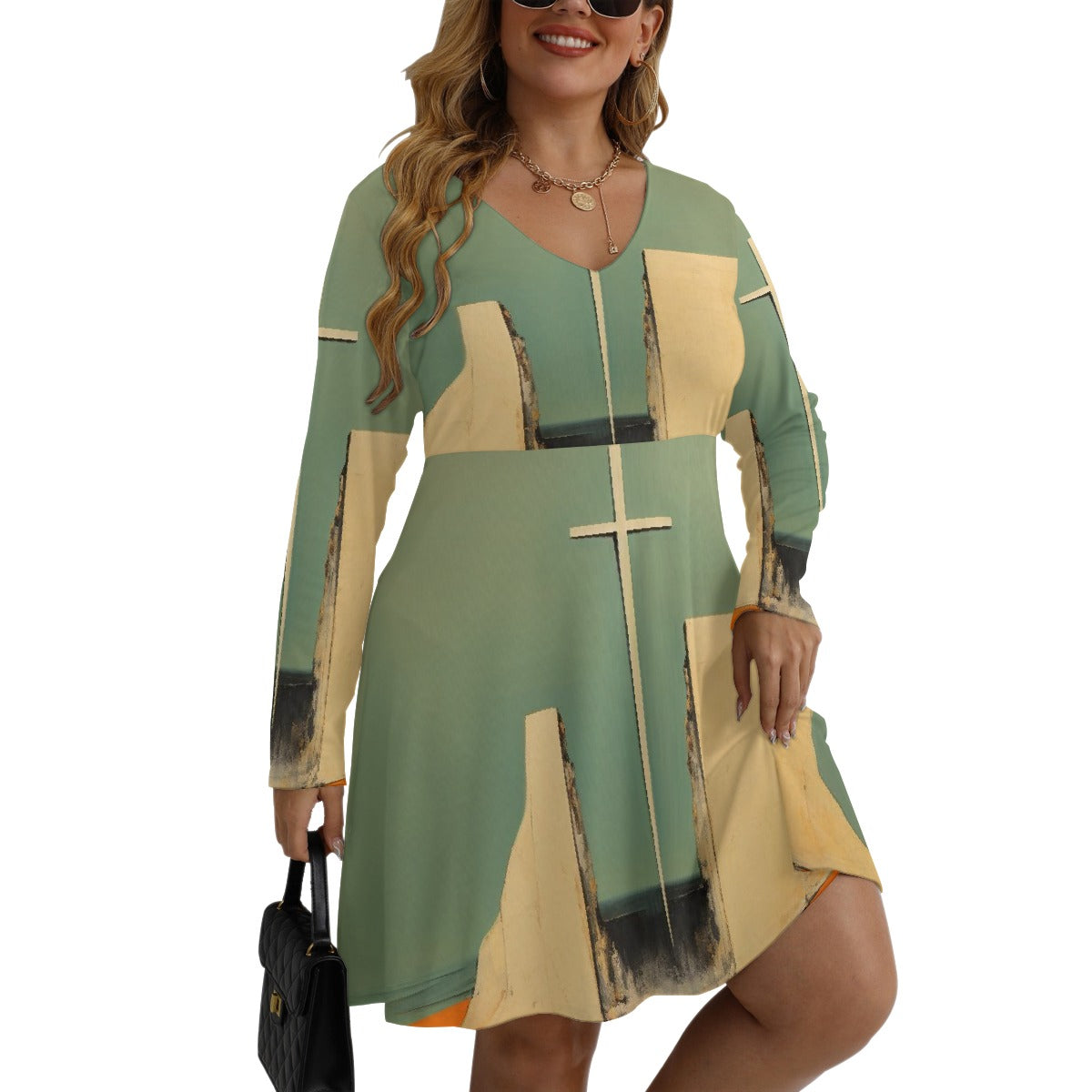 All-Over Print Women's V-neck Long Sleeve Dress(Plus Size)