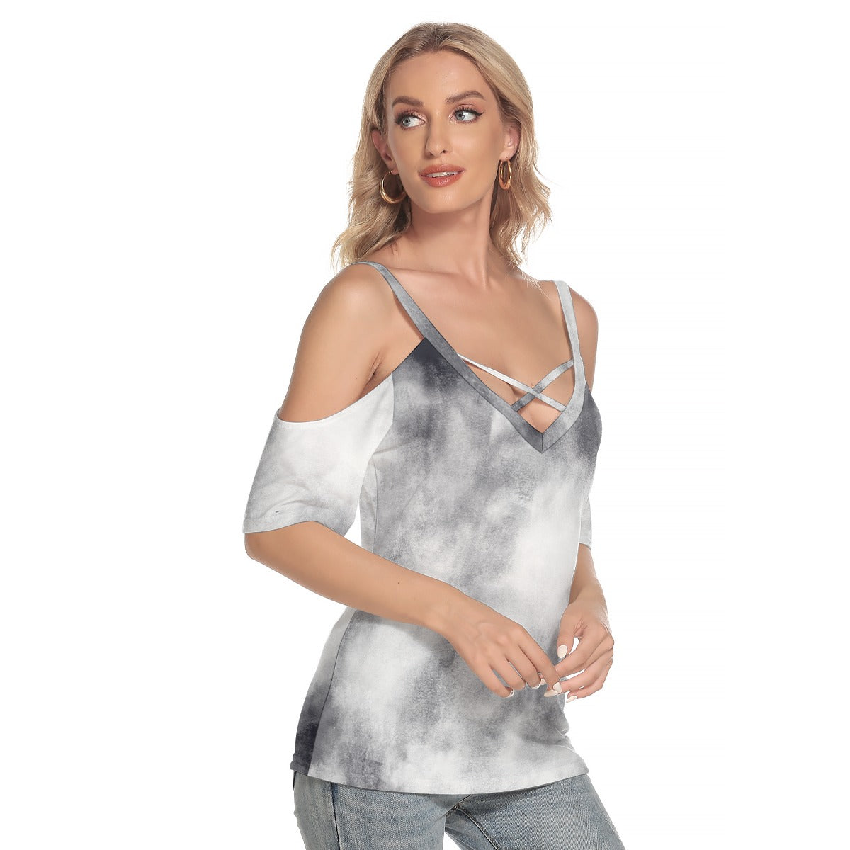 All-Over Print Women's Cold Shoulder T-shirt With Criss Cross Strips