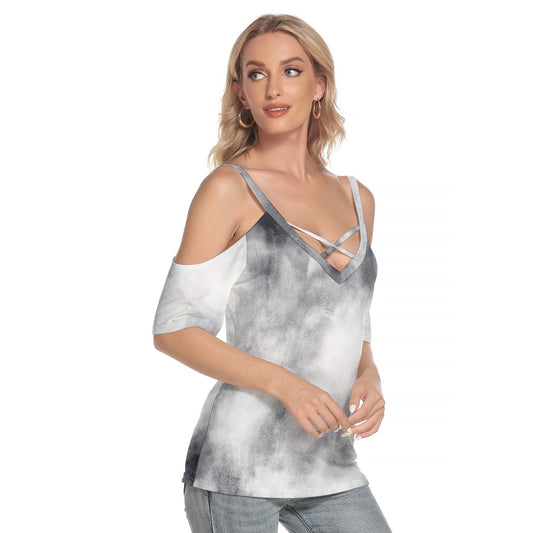 All-Over Print Women's Cold Shoulder T-shirt With Criss Cross Strips