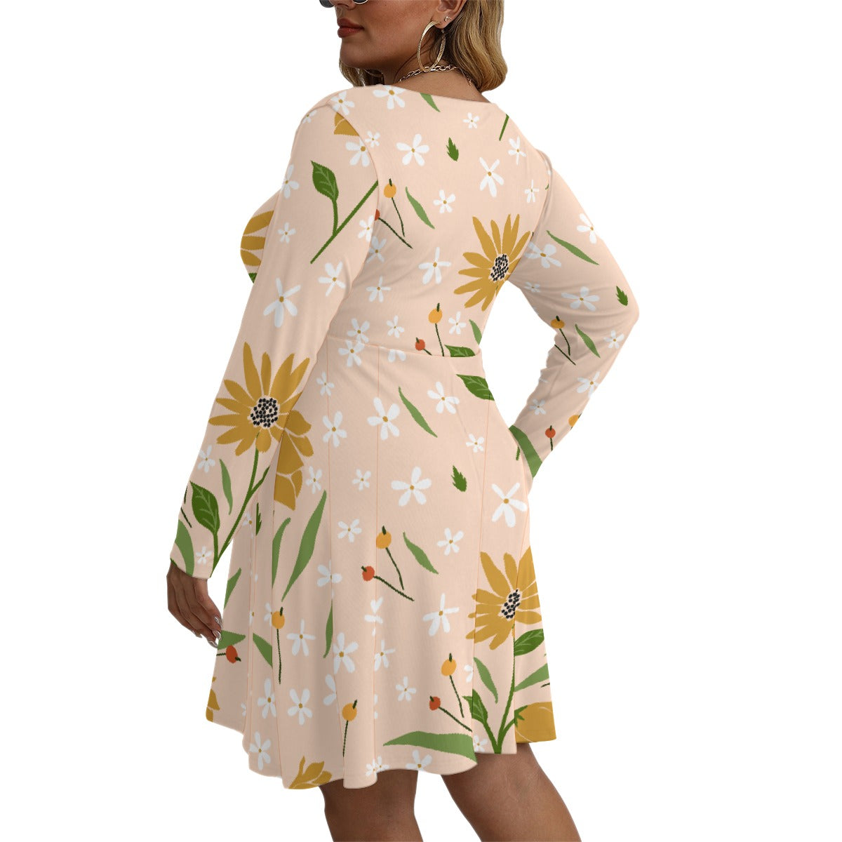 All-Over Print Women's V-neck Long Sleeve Dress(Plus Size)