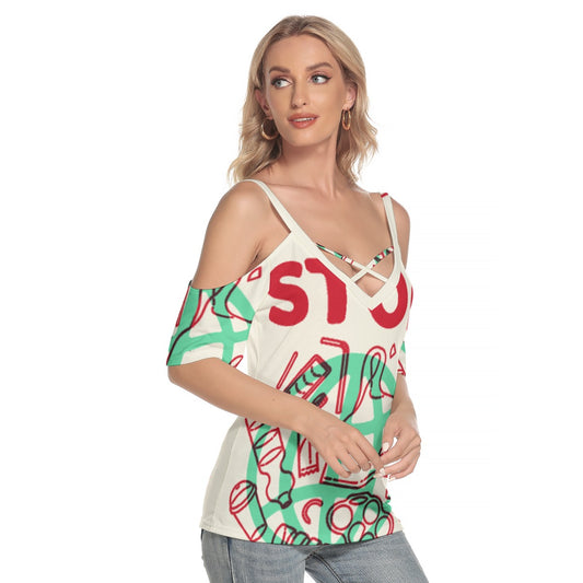 All-Over Print Women's Cold Shoulder T-shirt With Criss Cross Strips